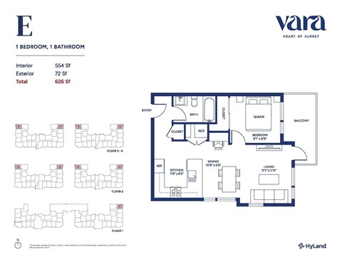 Floor plan for 1 bed, 1 bath, 554 sqft